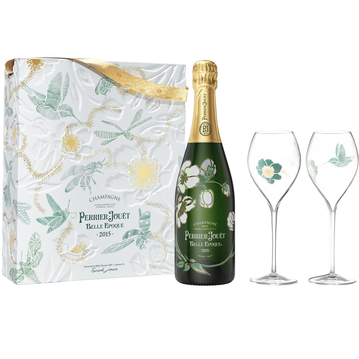 Perrier Jouet Vintage 2015 Belle Epoque Brut Champagne w/ Flutes
